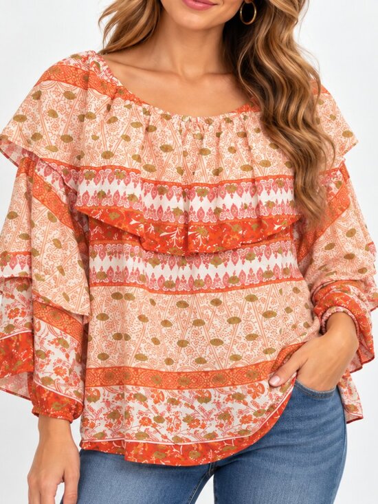 Cato Tops - Boho Floral Paisley Off Shoulder Ruffle Blouse Coral Orange Peasant Top Medium